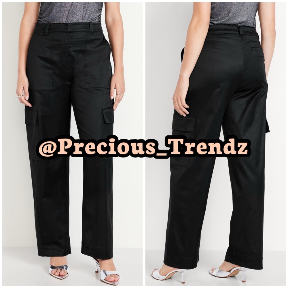 📦 Old Navy Extra-High Waisted Satin Cargo Barrel Wide-Leg Black Pants 10